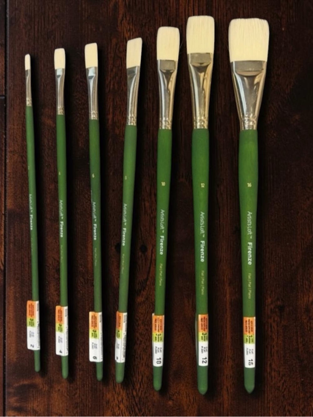 NEW Artist Paint Brush Set 7pc Flat & Detail Brushes Green Handles New